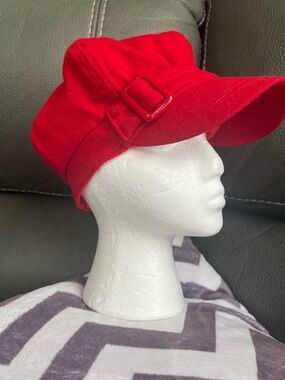 Nine West Red Women's Newsboy Cap with Buckle Accent